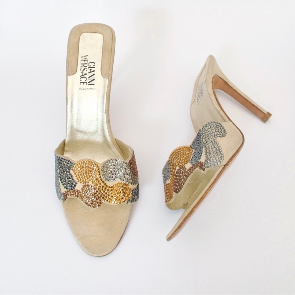 Vintage Late 90s / Y2K Gianni Versace Rhinestone Swirl Suede Mule Heel Stiletto